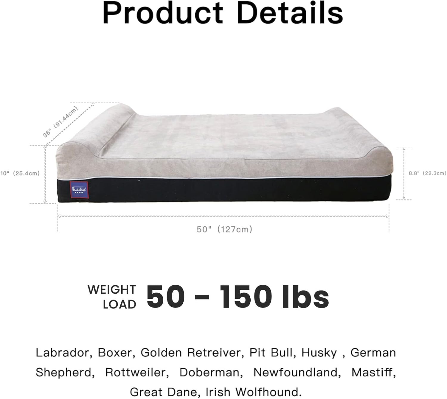 Luxurious Orthopedic Memory Foam Extra Large Dog Bed - Perfect Comfort for Large Breeds (50"x36"x10", Slate Gray) with Durable Waterproof Liner & Removable Washable Cover