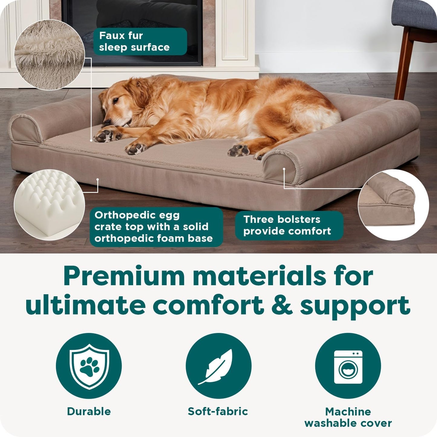 Luxurious Orthopedic Dog Bed for Large Dogs - Removable Bolsters & Washable Cover - Perfect for Pups Up to 95 lbs in Woodsmoke
