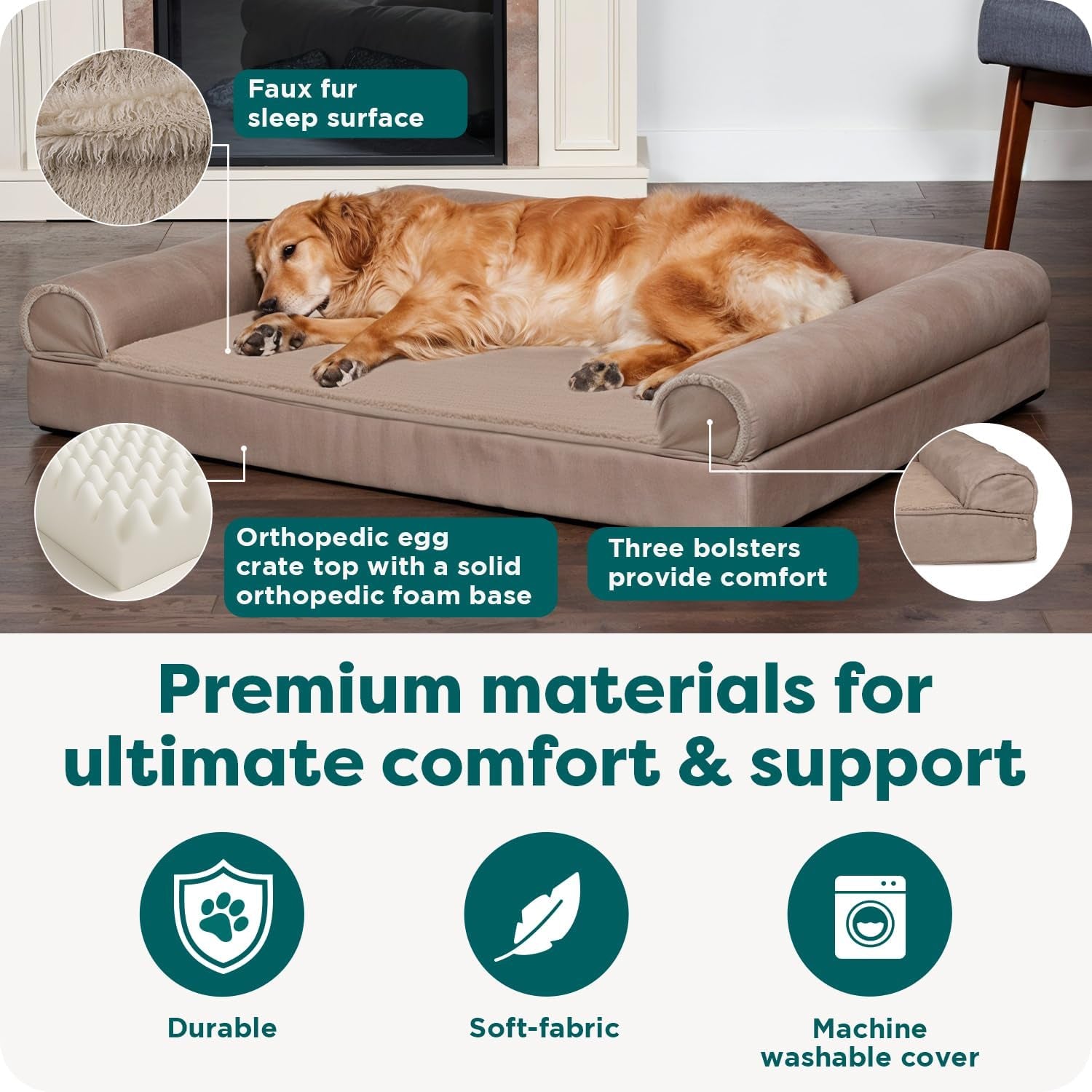 Luxurious Orthopedic Dog Bed for Large Dogs - Removable Bolsters & Washable Cover - Perfect for Pups Up to 95 lbs in Woodsmoke