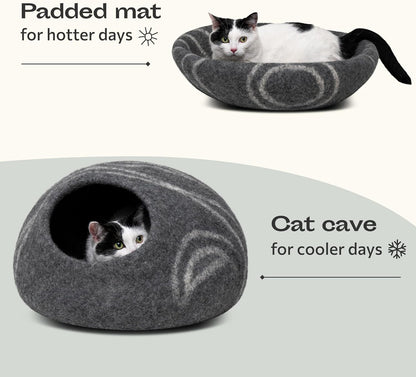 Stylish Dark Grey Cat Cave – Handcrafted Merino Wool Bed for Indoor Cats, Perfectly Cozy and Eco-Friendly